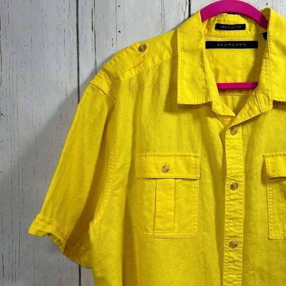 Sean John Shirt Mens Yellow Linen Blend Short Sleeve Logo Pocket Button Casual - Picture 3 of 13